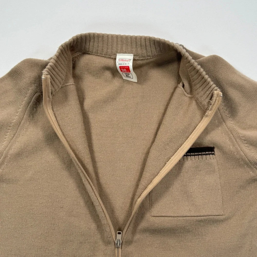 Vintage St Michael Mens Full Zip Cardigan Sweater Tan Brown Trim UK Made 38in